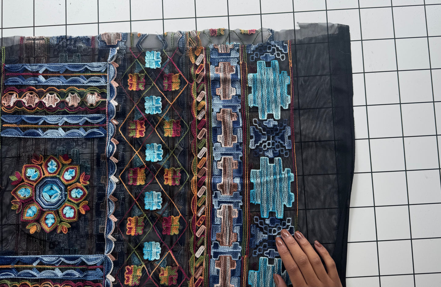 Multicolor Embroidered Mesh Fabric